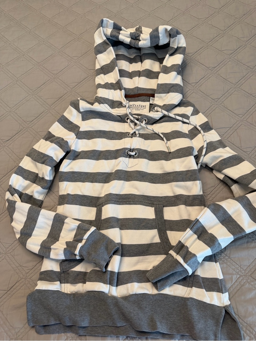 Wanakome Gray & White Striped ladies Lace-Up Hoodie